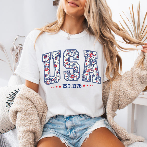 Floral USA Patriotic 4th of July Shirt