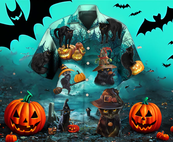 Halloween Black Cat Pumpkin Scary Cool Design - Aloha Hawaiian Shirts For Men - Shirt for Halloween Lover
