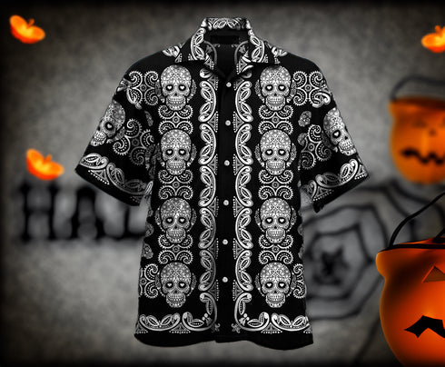 Halloween Sugar Skull Pattern Cool Design - Aloha Hawaiian Shirts For Men - Shirt for Halloween Lover