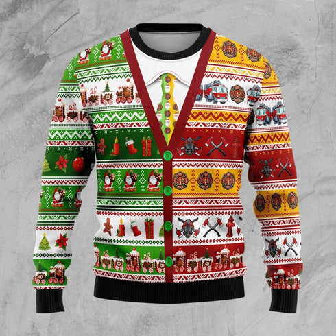 Cardigan Style Firefighter Ugly Christmas Sweater For Women & Men - Christmas Gift