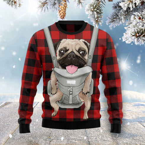 Funny Front Carrier Dog Pug Red Plaid Ugly Christmas Sweater For Women & Men - Christmas Gift