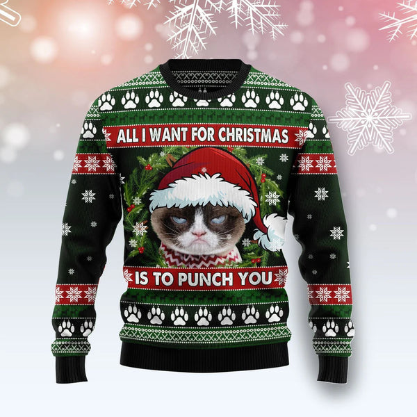 Grumpy Cat Punch You Funny Ugly Christmas Sweater For Women & Men - Christmas Gift