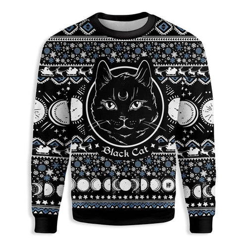 Moon Phase Black Cat Ugly Christmas Sweater For Women & Men - Christmas Gift