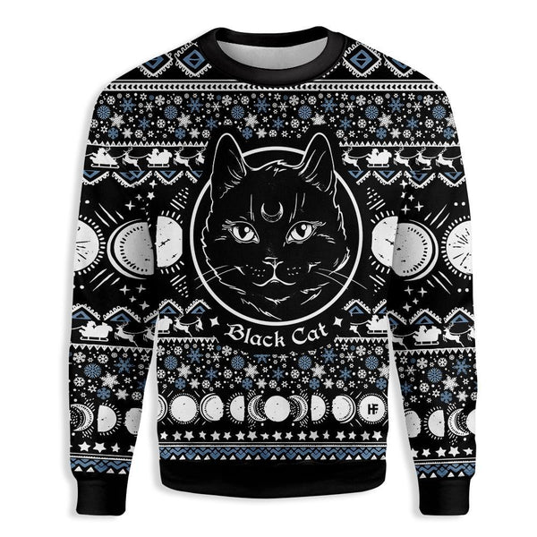 Moon Phase Black Cat Ugly Christmas Sweater For Women & Men - Christmas Gift