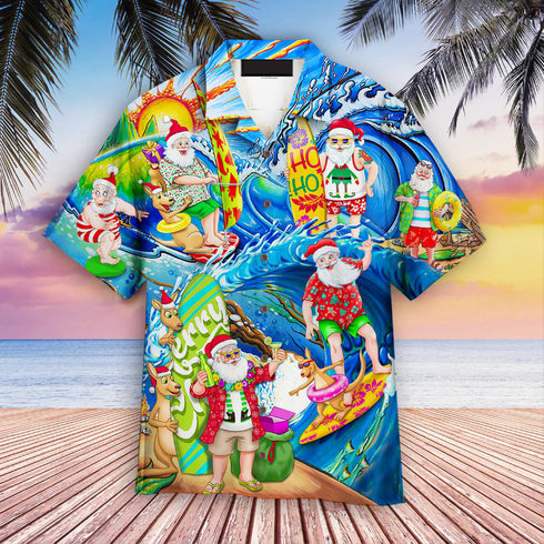 Funny Santa Claus Surfing On The Beach Christmas Design - Aloha Hawaiian Shirts For Men & Women