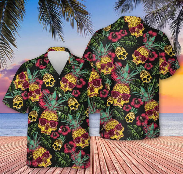 Pineapple Skull Black Halloween Cool Design  - Aloha Hawaiian Shirts for Men & Women