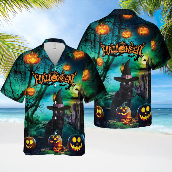 Black Cat Halloween Cool Design  - Aloha Hawaiian Shirts for Men & Women