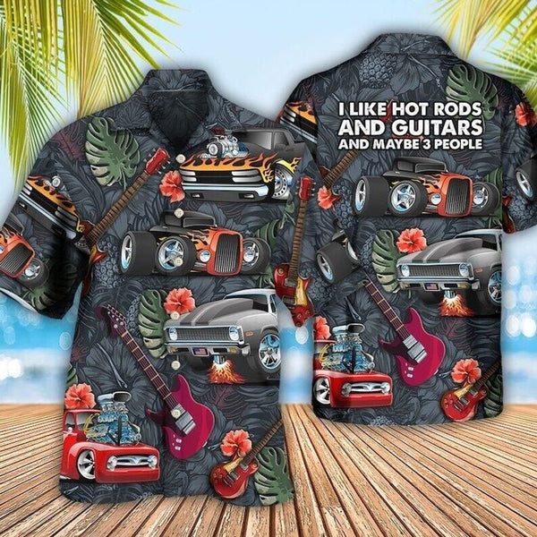 Hot Rod with Guitars Funny Cool Design Aloha Hawaiian Shirts For Men
