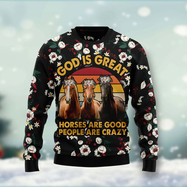 God Is Great Horses Are Good Funny Ugly Christmas Sweater For Women & Men - Christmas Gift
