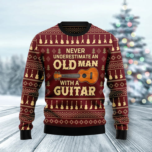 Never Underestimate An Old Man With A Guitar Ugly Christmas Sweater For Women & Men - Christmas Gift