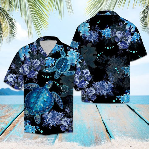 Blue Turtle Flower Cool Design - Aloha Hawaiian Shirts For Men & For Women Couples - HAW1004