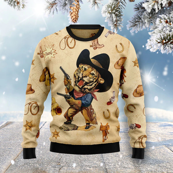 Cowboy Tiger Funny Ugly Christmas Sweater For Men & Women Adult - Christmas Gifts
