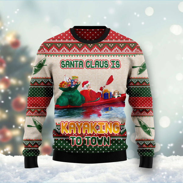 Santa Claus Is Kayaking To Town Funny Ugly Christmas Sweater For Men & Women Adult - Christmas Gifts