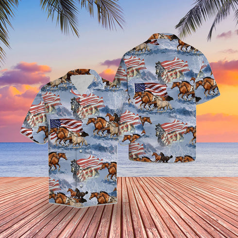 Horse Racing America Flag Cool Design - Aloha Hawaiian Shirts For Men & For Women Couples - HAW1269
