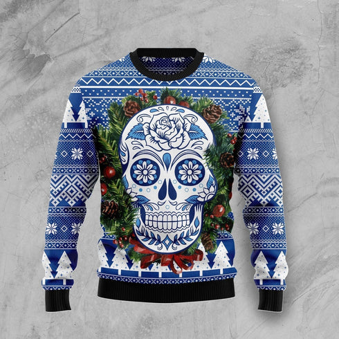 Halloween Blue Awesome Skull Ugly Christmas Sweater For Men & Women Adult - Christmas Gifts