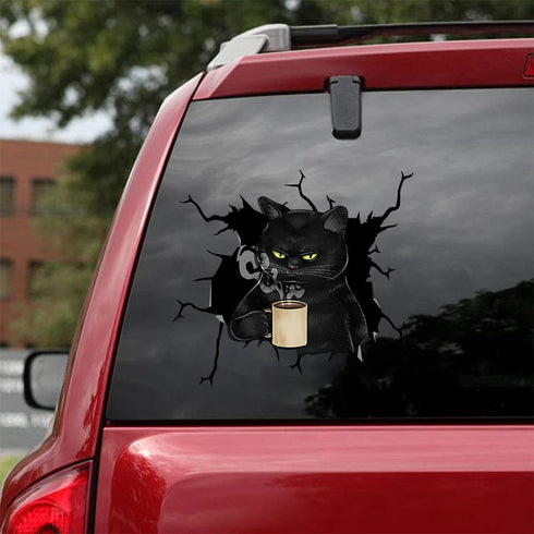 Halloween Black Cat Drinks Coffee Funny Cracked Car Decal Sticker - Waterproof - PVC Vinyl - S1037