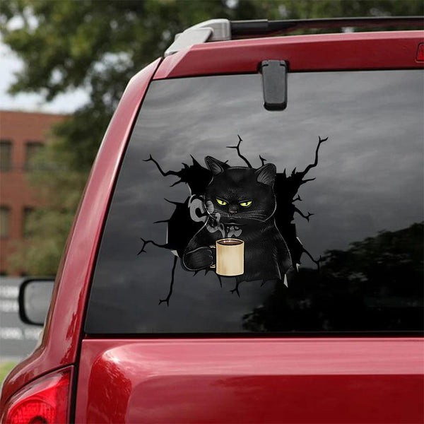 Halloween Black Cat Drinks Coffee Funny Cracked Car Decal Sticker - Waterproof - PVC Vinyl - S1037