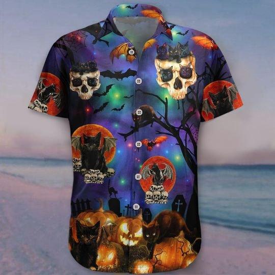 Halloween Black Cat Skull - Aloha Hawaiian Shirts For Men & For Women Couples - HAW1473