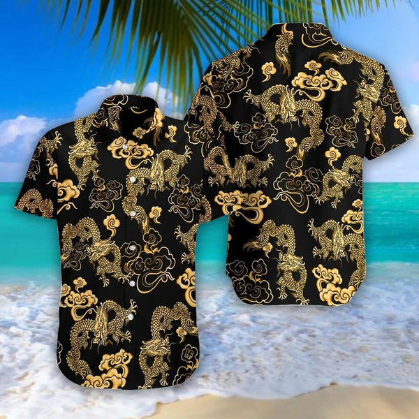 Black Gold Oriental Dragon Cool Design - Aloha Hawaiian Shirts For Men & For Women Couples - HAW1065