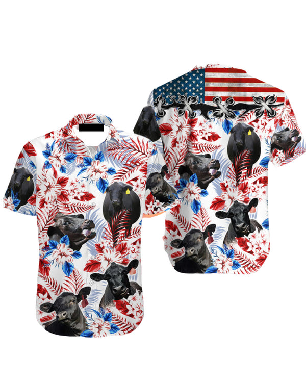 Black Angus Cow American Flag Aloha Hawaiian Shirts For Men & For Women - HAW1524