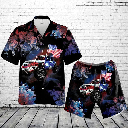 Happy 4th July Car Cool Design Hawaiian Shirt Set For Men - HS1009