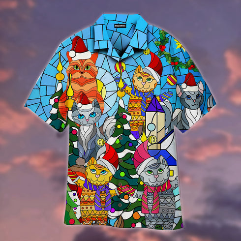 Merry Christmas Cat Family Stained Glass Cool Design Hawaiian Shirts For Men & For Women Couples - HAW1504
