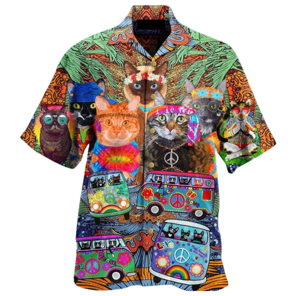 Colorful Hippie Van And Cat Cool Design - Aloha Hawaiian Shirts For Men & For Women Couples - Gift for Cat Lovers
