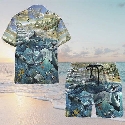 Dolphin Paradise Cool Design Hawaiian Shirt Set For Men - HS1018