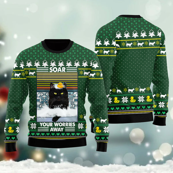 Funny Black Cat Soar Your Worries Away Ugly Christmas Sweater For Men & Women Adult - Christmas Gifts