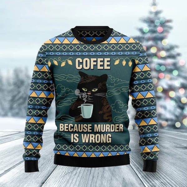 Black Cat Drinking Coffee Ugly Sweater_colorful