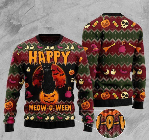 Halloween Happy Cat Ugly Christmas Sweater For Men & Women Adult - Christmas Gifts