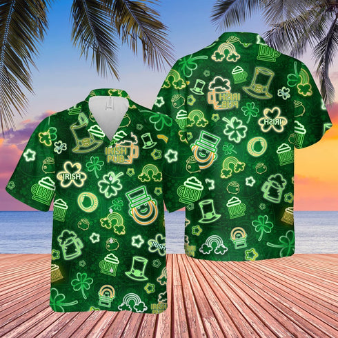 Shamrock Neon Pattern St. Patrick's Day Aloha Hawaiian Shirt - Cool Hawaiian Shirts For Men & For Women - Gifts for Paddy's Day