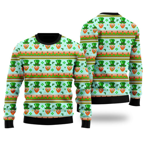Happy St. Patrick's Day Funny Leprechauns Pattern - Ugly Christmas Sweater For Men & Women Adult - St. Patrick's Day Gifts