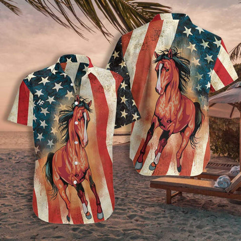 Horse American Flag Cool Design - Aloha Hawaiian Shirts For Men & For Women Couples - HAW1226