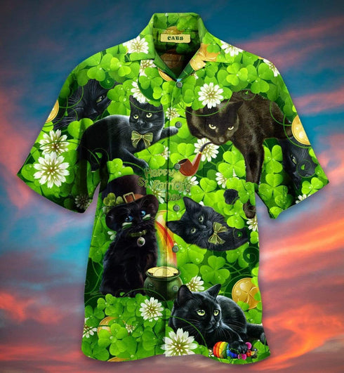 Happy St. Patrick's Day Irish Black Cat Cool Design - Aloha Hawaiian Shirts For Men & For Women Couples - HAW1015