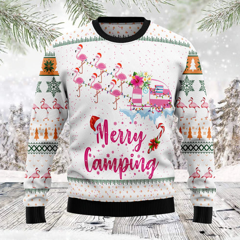 Merry Camping Flamingo Funny Ugly Christmas Sweater For Men & Women Adult - Christmas Gifts