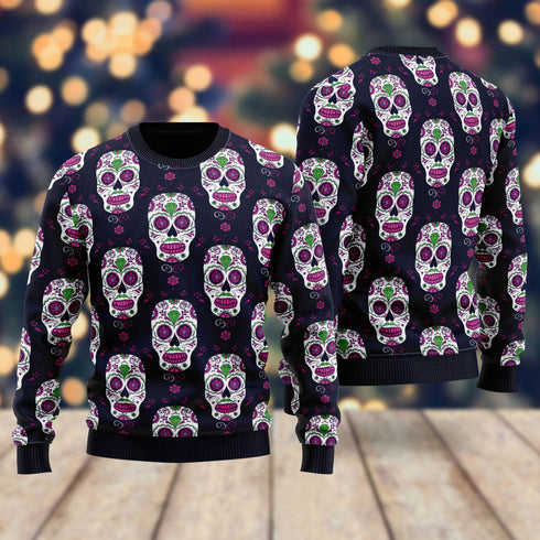 Halloween Black Skull Ugly Christmas Sweater For Men & Women Adult - Christmas Gifts