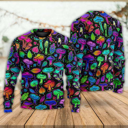 Mushroom Neon Colorful Bright With Leaf Ugly Christmas Sweater For Women & Men - Adult - Couples
