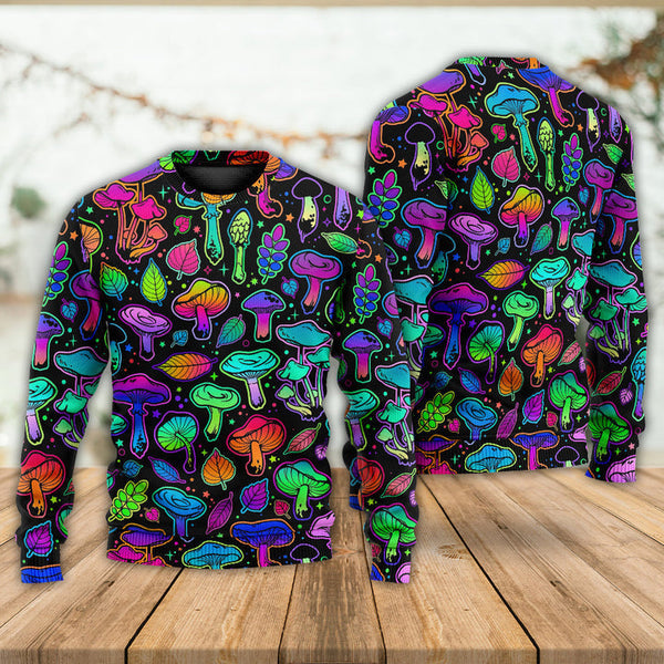 Mushroom Neon Colorful Bright With Leaf Ugly Christmas Sweater For Women & Men - Adult - Couples