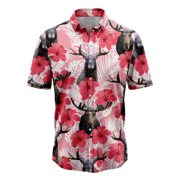 Moose Tropical Flowers Hibiscus Aloha Hawaiian Shirts For Men & For Women - HAW1535