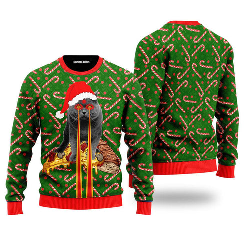Gray Cat With Laser Eyes and A Slice of Pizza Ugly Sweater - Colorful