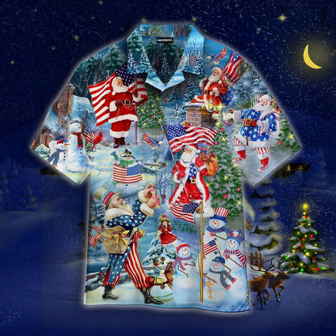 Merry Christmas Santa Claus With American Flag Cool Design Hawaiian Shirts For Men & For Women Couples - HAW1505