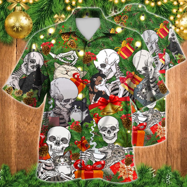 Halloween Skeleton Skull & Cat - Aloha Hawaiian Shirts For Men & For Women Couples - HAW1455