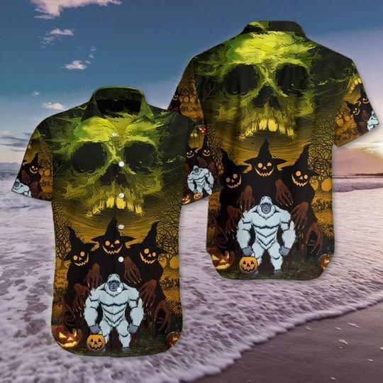 Halloween Bigfoot In The Forest With Skull - Aloha Hawaiian Shirts For Men & For Women Couples - HAW1471