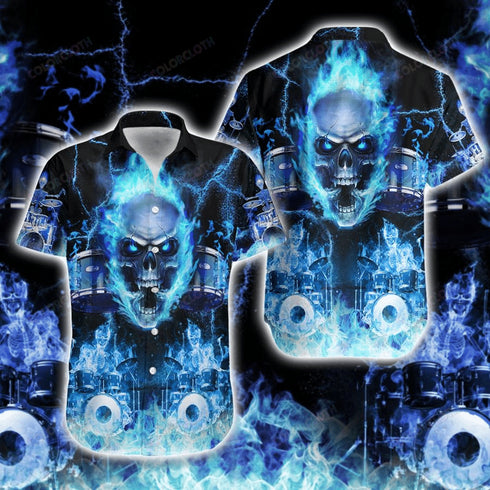 Halloween Blue Flame Skeleton Drummer - Aloha Hawaiian Shirts For Men & For Women Couples - HAW1457