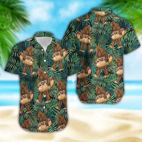 Tropical Bigfoot Carrying Hotdog Camping Cool Design - Aloha Hawaiian Shirts For Men & For Women Couples - HAW1068