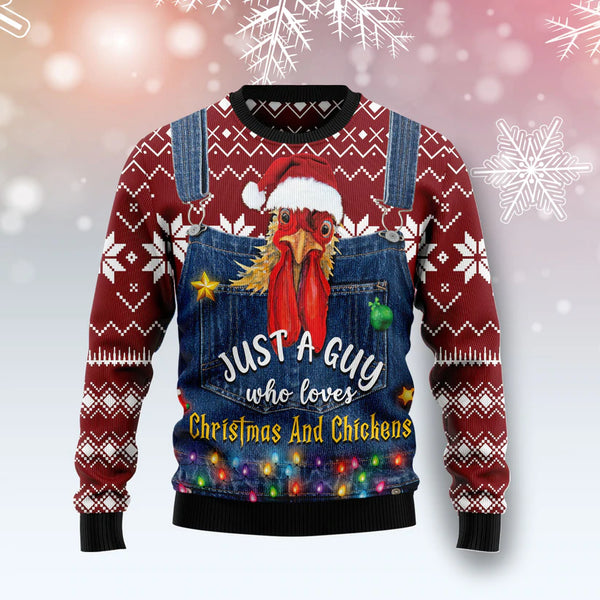 Just A Guy Who Loves Christmas And Chickens Funny Ugly Christmas Sweater For Men & Women Adult - Christmas Gifts