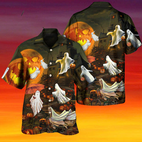 Halloween Ghost Cute With Moon - Aloha Hawaiian Shirts For Men & For Women Couples - HAW1413
