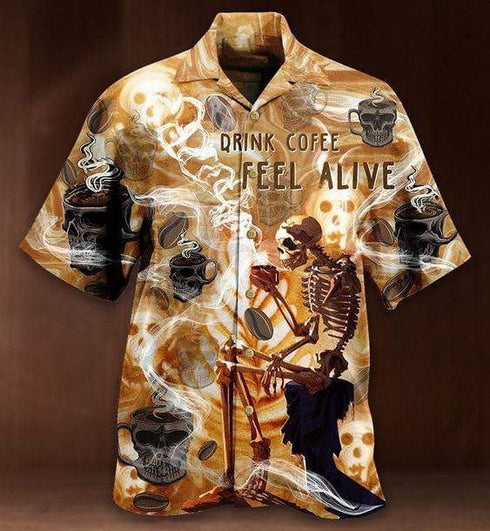 Halloween Skull Drink Coffee And Feel Alive - Aloha Hawaiian Shirts For Men & For Women Couples - HAW1431