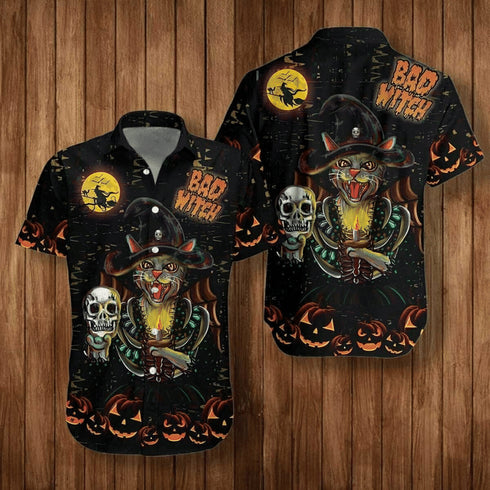Halloween Cat Bad Witch - Aloha Hawaiian Shirts For Men & For Women Couples - HAW1433